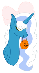 Size: 660x1228 | Tagged: safe, artist:sina142, oc, oc only, oc:fleurbelle, alicorn, pony, alicorn oc, bow, candy, cute, female, food, hair bow, horn, mare, pumpkin bucket, simple background, solo, white background, wings, yellow eyes
