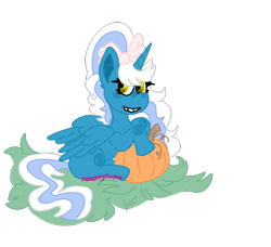 Size: 822x750 | Tagged: safe, artist:bitteradopts, oc, oc only, oc:fleurbelle, alicorn, pony, alicorn oc, bow, female, hair bow, horn, mare, pumpkin, simple background, solo, transparent background, wings, yellow eyes