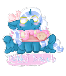 Size: 1900x2200 | Tagged: safe, artist:stinkygooby, oc, oc only, oc:fleurbelle, alicorn, pony, alicorn oc, blushing, bow, cheek fluff, cute, donut, eating, female, food, hair bow, horn, mare, simple background, solo, transparent background, wings, writing, yellow eyes