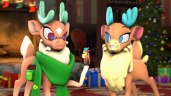 Size: 1920x1080 | Tagged: safe, artist:pika-robo, cashmere (tfh), velvet (tfh), deer, reindeer, them's fightin' herds, 3d, cashmere is not amused, christmas, christmas tree, clothes, community related, cousins, duo, eyebrows, female, fireplace, frown, gift giving, grin, holding, holiday, indoors, looking at someone, looking at something, minivelvet, present, raised eyebrow, scarf, smiling, source filmmaker, tree, unamused