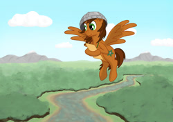 Size: 1280x906 | Tagged: safe, artist:malte279, oc, oc:leafhelm, pegasus, pony, helmet, mapping, river, scenery, water