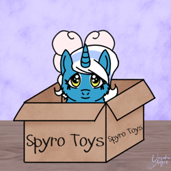 Size: 1080x1080 | Tagged: safe, artist:ursidaeangeni, oc, oc only, oc:fleurbelle, alicorn, pony, alicorn oc, bow, box, cheek fluff, cute, female, hair bow, horn, if i fits i sits, mare, pony in a box, solo, wings, yellow eyes