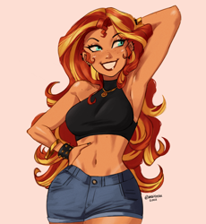 Size: 2280x2480 | Tagged: safe, artist:nire, sunset shimmer, human, equestria girls, arm behind head, armpits, belly button, big breasts, black nail polish, blue eyes, blushing, bracelet, breasts, busty sunset shimmer, clothes, curvy, denim, denim shorts, ear piercing, earring, eyelashes, female, freckles, geode of empathy, jewelry, large voluminous hair, lips, magical geodes, makeup, midriff, nail polish, necklace, open mouth, open smile, peppered bacon, piercing, pose, short shirt, shorts, shoulder freckles, sideboob, simple background, smiling, solo, spiked wristband, stupid sexy sunset shimmer, tan lines, tanned, wide hips, wristband