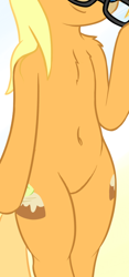 Size: 378x809 | Tagged: safe, artist:fearingfun, edit, apple cobbler, earth pony, pony, semi-anthro, g4, apple family member, arm hooves, belly, belly button, bipedal, chest fluff, cropped, glasses, pictures of bellies, smiling, solo