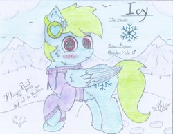 Size: 2189x1700 | Tagged: safe, artist:fliegerfausttop47, oc, oc only, oc:icy, pegasus, pony, belly fluff, blushing, butt fluff, cheek fluff, chest fluff, clothes, cutie mark, ear fluff, fluffy, green mane, headphones, hoodie, hoof fluff, hoofprints, leg fluff, looking at you, magenta eyes, mountain, mountain range, pegasus oc, reference sheet, signature, smiling, smiling at you, snow, snowflake, snowy, solo, traditional art