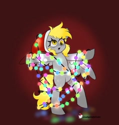 Size: 947x997 | Tagged: safe, artist:indigohatetrain, derpy hooves, pegasus, pony, a hearth's warming tail, g4, bipedal, christmas, christmas lights, female, gradient background, hat, hearth's warming, holiday, hooves out, mare, open mouth, santa hat, solo, spread wings, standing, standing on one leg, string lights, tangled up, watermark, wings