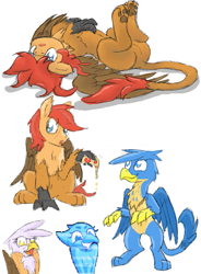 Size: 793x1080 | Tagged: safe, artist:pzkratzer, gallus, gilda, oc, oc:ponygriff, avian, griffon, hippogriff, hybrid, ponygriff, semi-anthro, g4, a.v.i.a.n., behaving like a cat, belly button, bipedal, featureless crotch, flockmod, food, griffons doing cat things, hippogriff doing cat things, hippogriff oc, paw pads, paws, pizza, simple background, sketch, starbound, underpaw, white background