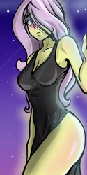 Size: 2000x4000 | Tagged: safe, artist:nolyanimeid, fluttershy, human, equestria girls, g4, black dress, blushing, breasts, cleavage, clothes, dress, female, legs, outdoors, schrödinger's pantsu, side slit, sky, sleeveless, solo, stars, total sideslit