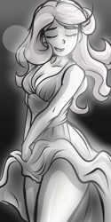 Size: 2000x4000 | Tagged: safe, artist:nolyanimeid, fluttershy, human, equestria girls, g4, black and white, breasts, cleavage, eyes closed, female, grayscale, legs, marilyn monroe, mole, monochrome, open mouth, sleeveless, solo, white dress