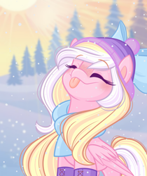 Size: 1624x1932 | Tagged: safe, artist:emberslament, oc, oc only, oc:bay breeze, pegasus, pony, blurry background, blushing, boots, bow, catching snowflakes, clothes, crepuscular rays, cute, eyes closed, female, hair bow, happy, hat, mare, outdoors, pegasus oc, scarf, shoes, snow, snowfall, solo, three quarter view, tongue out, wings, winter, winter outfit, xp