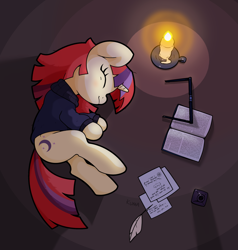 Size: 2000x2100 | Tagged: safe, artist:kumakum, moondancer, pony, unicorn, g4, book, candle, clothes, cute, dancerbetes, digital art, eyes closed, high res, inkwell, quill, sleeping, solo, sweater
