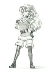 Size: 900x1330 | Tagged: safe, artist:baron engel, sunset shimmer, human, equestria girls, g4, boots, breasts, christmas, cleavage, clothes, costume, female, gloves, grayscale, hat, holiday, monochrome, pencil drawing, sack, santa costume, santa hat, shoes, signature, socks, solo, thigh boots, thigh highs