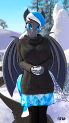 Size: 1080x1920 | Tagged: safe, artist:anthroponiessfm, oc, oc only, oc:diamond azure, bat pony, anthro, 3d, anthro oc, bat pony oc, clothes, cute, female, leggings, looking at you, mug, skirt, snow, solo, source filmmaker, sweater, winter