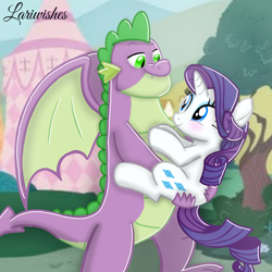 Size: 1300x1300 | Tagged: safe, artist:mlplary6, rarity, spike, dragon, pony, unicorn, g4, blushing, butt touch, carrying, female, gigachad spike, hand on butt, holding a pony, looking at each other, looking at someone, male, mare, older, older spike, ship:sparity, shipping, smiling, smiling at each other, straight, walking, winged spike, wings