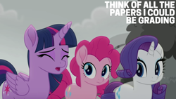 Size: 1280x720 | Tagged: safe, edit, edited screencap, editor:quoterific, screencap, pinkie pie, rarity, twilight sparkle, alicorn, pony, g4, my little pony: rainbow roadtrip, twilight sparkle (alicorn)