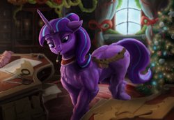 Size: 3620x2484 | Tagged: safe, artist:apelairplane, starlight glimmer, pony, unicorn, g4, christmas, christmas tree, curtains, female, high res, holiday, mare, pencil, s5 starlight, scissors, solo, tree