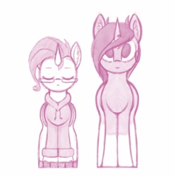 Size: 862x868 | Tagged: safe, artist:shydale, oc, oc:startrail, oc:yodi, pony, unicorn, clothes, coat markings, ear fluff, eyes closed, height difference, hoodie, monochrome, simple background, sketch, socks (coat markings), white background