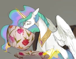 Size: 1687x1293 | Tagged: safe, artist:ametff3, princess celestia, alicorn, pony, g4, cup, drinking, eyelashes, hand, levitation, magic, magic hands, partially open wings, peytral, simple background, sitting, slender, smiling, solo, teacup, telekinesis, that pony sure does love tea, thin, wings, wtf