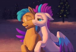Size: 1800x1228 | Tagged: safe, artist:escapist, hitch trailblazer, zipp storm, earth pony, pegasus, pony, g5, affection, duo, duo male and female, eyes closed, female, hug, looking at someone, male, mare, ship:stormblazer, shipping, smiling, stallion, straight, winter