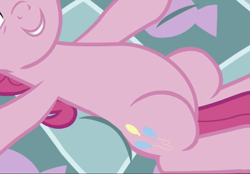 Size: 855x595 | Tagged: safe, screencap, pinkie pie, earth pony, pony, g4, the one where pinkie pie knows, bed, belly, cropped, pictures of bellies, smiling, solo