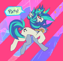 Size: 794x770 | Tagged: safe, artist:cutesykill, dj pon-3, vinyl scratch, pony, unicorn, g4, fangs, female, glasses, grin, headphones, smiling, solo, sparkles, speech bubble, text, vinyl's glasses