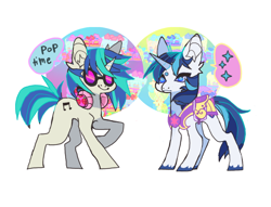 Size: 852x650 | Tagged: safe, artist:cutesykill, dj pon-3, shining armor, vinyl scratch, pony, unicorn, g4, armor, cake, chestplate, female, food, glasses, headphones, male, raised hoof, simple background, smiling, sparkles, speech, speech bubble, talking, text, unshorn fetlocks, white background