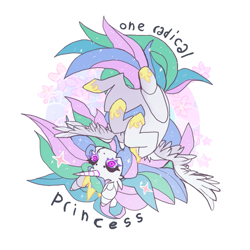 Size: 851x851 | Tagged: safe, artist:cutesykill, princess celestia, alicorn, pony, g4, colored eyelashes, crown, dot eyebrows, ethereal mane, female, flower, hoof shoes, jewelry, peytral, regalia, simple background, solo, sparkles, spread wings, starry hair, starry mane, starry tail, tail, text, tiara, upside down, white background, wings