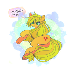 Size: 850x850 | Tagged: safe, artist:cutesykill, applejack, earth pony, pony, g4, applebutt, butt, female, freckles, hatless, heart, lesbian, lying down, mare, missing accessory, on side, plot, solo, text, thought bubble