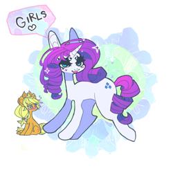 Size: 850x850 | Tagged: safe, artist:cutesykill, applejack, rarity, earth pony, pony, unicorn, g4, applejack's hat, blushing, cowboy hat, female, hat, heart, lesbian, lidded eyes, ship:rarijack, shipping, sitting, smiling, sparkles, speech, speech bubble, sweat, sweatdrop, talking, text