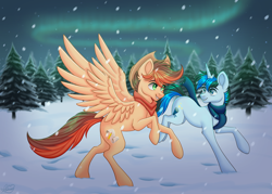 Size: 4200x3000 | Tagged: safe, artist:mxiiisy, oc, oc only, oc:kayle rustone, oc:solar gizmo, aurora borealis, clothes, forest, night, running, scarf, snow, snowfall