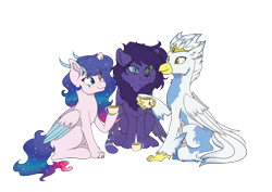 Size: 3508x2480 | Tagged: safe, artist:delfinaluther, oc, oc:delfina, oc:eragor, oc:miky command, changeling, cheetah, hippogriff, pegasus, pony, 2023 community collab, derpibooru community collaboration, beak, blue hair, chest fluff, crown, cup, ear fluff, eragor, female, food, friends, genderfluid, heterochromia, high res, horns, jewelry, male, paws, pink body, purple hair, regalia, simple background, sitting, smiling, tea, teacup, transparent background, trio, white body, wings