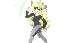 Size: 3840x2160 | Tagged: safe, artist:straighttothepointstudio, oc, oc only, unicorn, anthro, g5, angry, anthro oc, clothes, digital art, ear fluff, female, freckles, glasses, gun, high res, long hair, magic, mp5, simple background, solo, submachinegun, transparent background, weapon