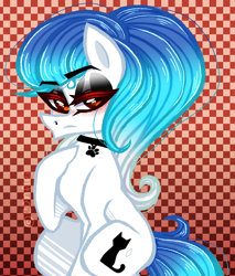 Size: 872x1024 | Tagged: safe, artist:conflei, oc, oc only, earth pony, pony, abstract background, choker, earth pony oc, eyelashes, female, frown, lidded eyes, makeup, mare, paw prints, solo