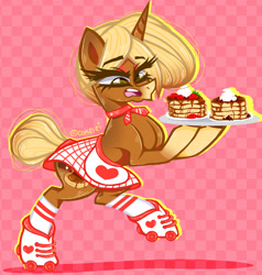 Size: 1280x1344 | Tagged: safe, artist:conflei, oc, oc only, pony, unicorn, 1950s, 50s, abstract background, bipedal, clothes, eyelashes, female, food, horn, mare, pancakes, roller skates, skates, skirt, solo, tray, unicorn oc