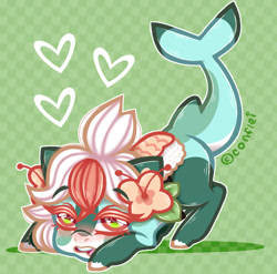 Size: 1280x1263 | Tagged: safe, artist:conflei, oc, oc only, original species, pony, shark, shark pony, abstract background, blushing, chibi, cute, eyelashes, face down ass up, female, flower, flower in hair, heart, mare, open mouth, solo