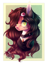 Size: 2094x2864 | Tagged: safe, artist:prettyshinegp, oc, oc only, earth pony, pony, bedroom eyes, bust, collar, ear piercing, earring, earth pony oc, female, flower, flower in hair, high res, jewelry, mare, piercing, simple background, smiling, solo, transparent background