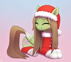 Size: 2000x1750 | Tagged: safe, artist:luminousdazzle, oc, oc only, oc:lumina, pegasus, pony, christmas, clothes, eyes closed, female, folded wings, freckles, gradient background, hat, holiday, lying down, mare, pegasus oc, prone, santa hat, smiling, solo, wings
