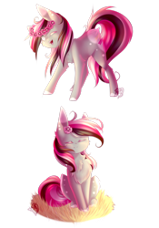 Size: 2049x2927 | Tagged: safe, artist:prettyshinegp, oc, oc only, oc:abigail, earth pony, pony, chest fluff, duo, earth pony oc, female, floral head wreath, flower, high res, mare, one eye closed, simple background, smiling, transparent background, wink