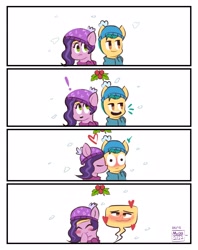 Size: 1628x2059 | Tagged: safe, artist:mar0x8, hitch trailblazer, pipp petals, earth pony, pegasus, pony, g5, adorapipp, blush sticker, blushing, cap, cheek kiss, christmas, comic, cute, duo, duo male and female, emanata, exclamation point, eyes closed, female, hat, hitchbetes, holiday, holly, holly mistaken for mistletoe, kissing, laughing, male, mare, ship:pitch, shipping, simple background, smiling, stallion, straight, surprise kiss, white background