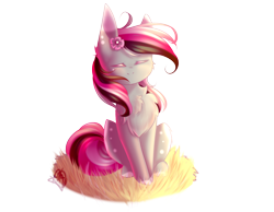 Size: 2800x2169 | Tagged: safe, artist:prettyshinegp, oc, oc only, oc:abigail, earth pony, pony, chest fluff, earth pony oc, eyes closed, female, flower, flower in hair, grass, high res, mare, simple background, smiling, solo, transparent background