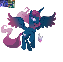 Size: 1805x1776 | Tagged: safe, artist:lanternik, pharynx, princess luna, oc, alicorn, changedling, changeling, changepony, pony, g4, alicorn oc, ethereal mane, female, horn, interspecies offspring, mare, offspring, parent:pharynx, parent:princess luna, parents:lunarynx, prince pharynx, screencap reference, simple background, smiling, spread wings, starry mane, transparent background, wings