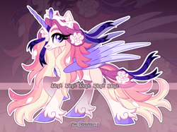 Size: 4096x3063 | Tagged: safe, artist:gkolae, oc, oc only, alicorn, pony, alicorn oc, eyelashes, flower, flower in hair, horn, raised hoof, smiling, unshorn fetlocks, wings, zoom layer