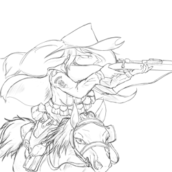 Size: 1800x1800 | Tagged: safe, artist:zemlya, applejack, horse, human, g4, gun, humanized, monochrome, sketch, weapon