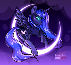 Size: 2200x2000 | Tagged: safe, artist:loverashley, princess luna, alicorn, pony, g4, crescent moon, ear fluff, female, glowing, glowing eyes, high res, mare, moon, smiling, solo, tangible heavenly object, transparent moon