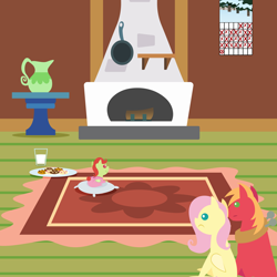 Size: 2160x2160 | Tagged: safe, anonymous artist, big macintosh, fluttershy, oc, oc:late riser, earth pony, pegasus, pony, series:fm holidays, series:hearth's warming advent calendar 2022, g4, advent calendar, baby, baby pony, big macintosh's yoke, calendar, christmas, clothes, colt, concerned, cookie, drink, family, female, fireplace, fluttershy's cottage, foal, food, footed sleeper, footie pajamas, high res, holiday, horse collar, lineless, lying down, male, mare, milk, offspring, pajamas, parent:big macintosh, parent:fluttershy, parents:fluttermac, pillow, pointy ponies, prone, ship:fluttermac, shipping, sitting, smiling, stallion, straight