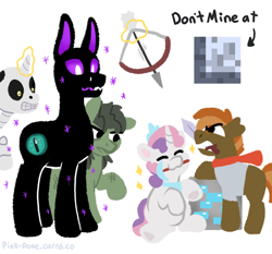 Size: 1000x930 | Tagged: safe, artist:pink-pone, button mash, sweetie belle, earth pony, enderman, enderpony, pony, skeleton pony, undead, unicorn, zombie, zombie pony, don't mine at night, g4, :3, armor, arrow, bone, bow (weapon), bow and arrow, diamond armor, diamond ore, eyes closed, glowing, glowing horn, gritted teeth, horn, magic, magic aura, minecraft, mouth hold, pickaxe, ponified, simple background, skeleton, sword, teeth, telekinesis, weapon, white background