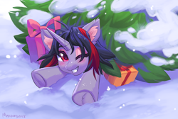 Size: 1202x806 | Tagged: safe, artist:margony, oc, oc only, pony, unicorn, ear fluff, female, horn, looking at you, lying down, mare, one eye closed, present, prone, smiling, snow, solo, tree, unicorn oc, winter