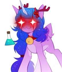 Size: 1303x1507 | Tagged: safe, artist:buvanybu, izzy moonbow, deer, pony, reindeer, unicorn, g5, :3, bandaid, bandaid on nose, evil, evil smile, evil smirk, female, glowing, glowing eyes, grin, potion, reindeerified, simple background, smiling, solo, species swap, white background