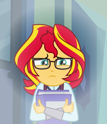 Size: 4944x5760 | Tagged: safe, artist:emeraldblast63, artist:rosemile mulberry, artist:xan-gelx, sunset shimmer, human, comic:the tale of two sunsets, equestria girls, g4, book, clothes, crystal prep academy uniform, female, glasses, human sunset, school uniform, solo
