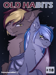 Size: 2500x3300 | Tagged: safe, artist:snowstormbat, part of a set, oc, oc only, oc:arden heatwave, oc:midnight snowstorm, bat pony, comic:old habits, brothers, candy, ear piercing, earring, explicit source, fangs, fluffy, food, glasses, hug, jewelry, lollipop, male, piercing, siblings, smiling, stallion